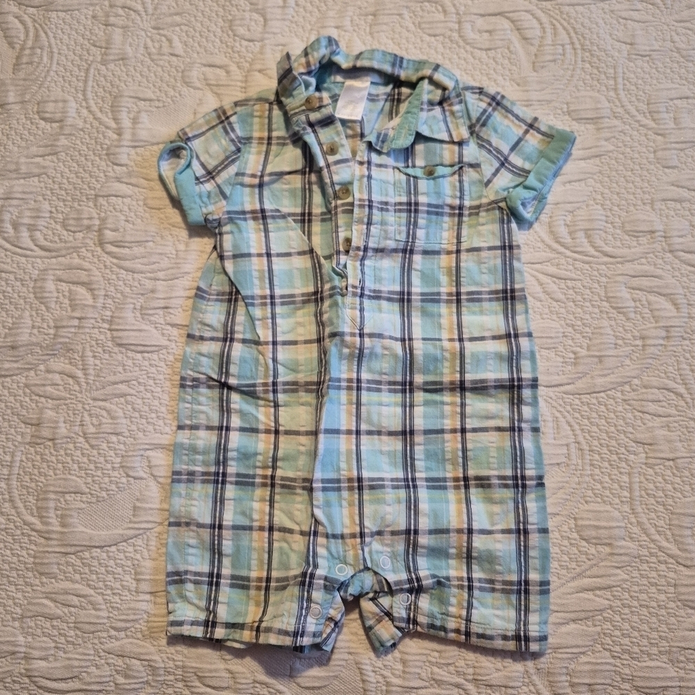 Janie and Jack boys 6-12 months plaid romper fully lined mint, white VGUC